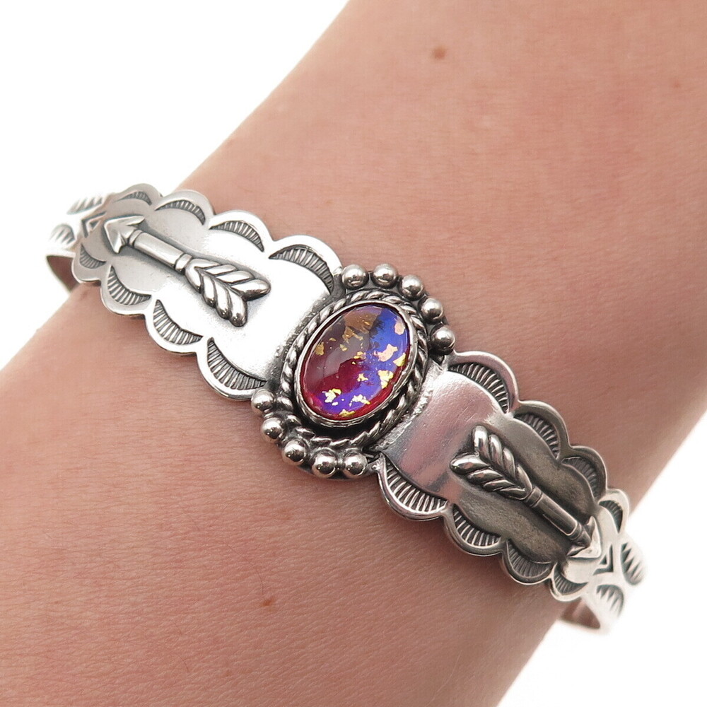 Old Pawn Sterling Silver Vintage Dragon Breath Opal Adjustable Bracelet 6.25"